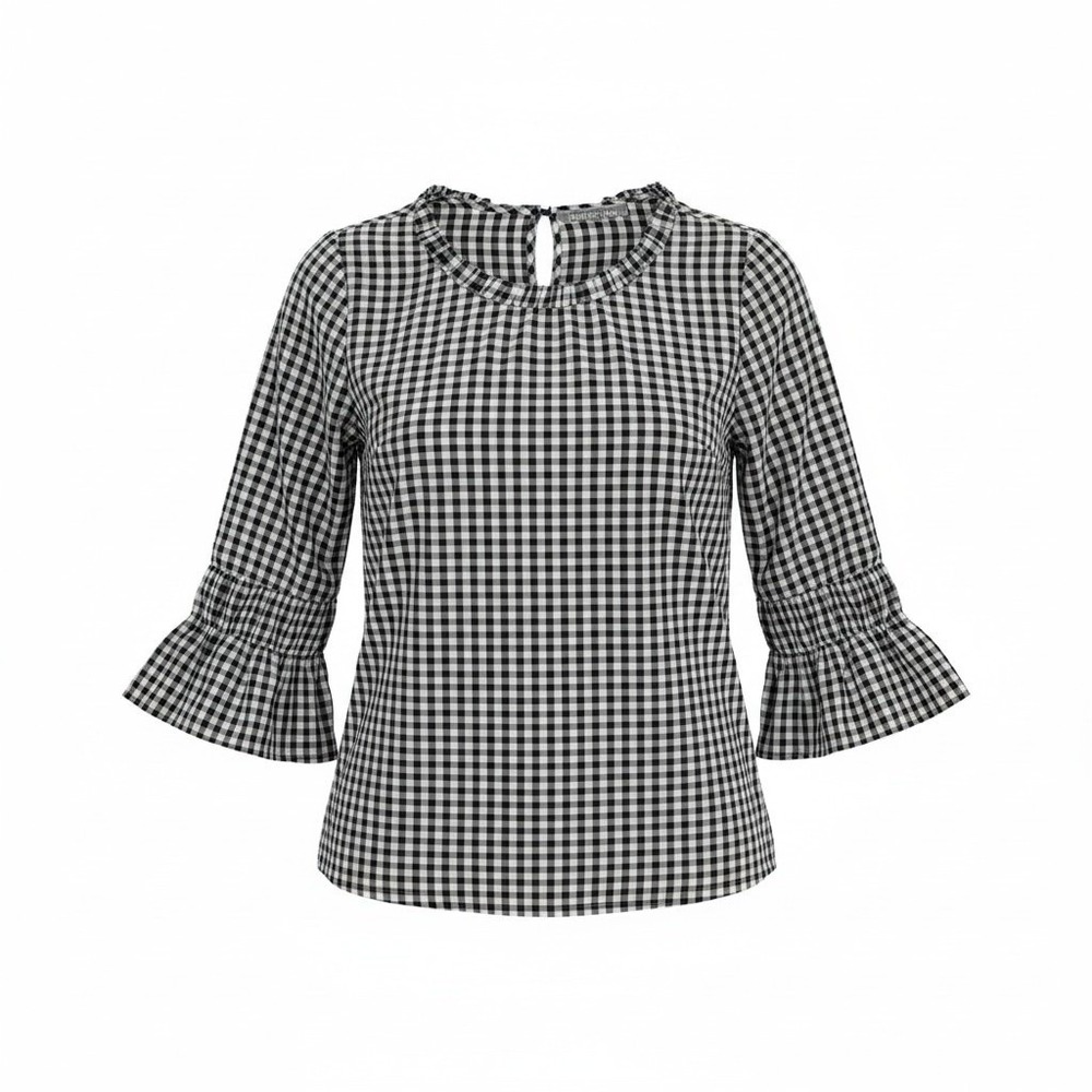 Daniel Rainn Blouse Women PS Black Gingham Ruffle Tiered Bell Sleeve Peasant Top